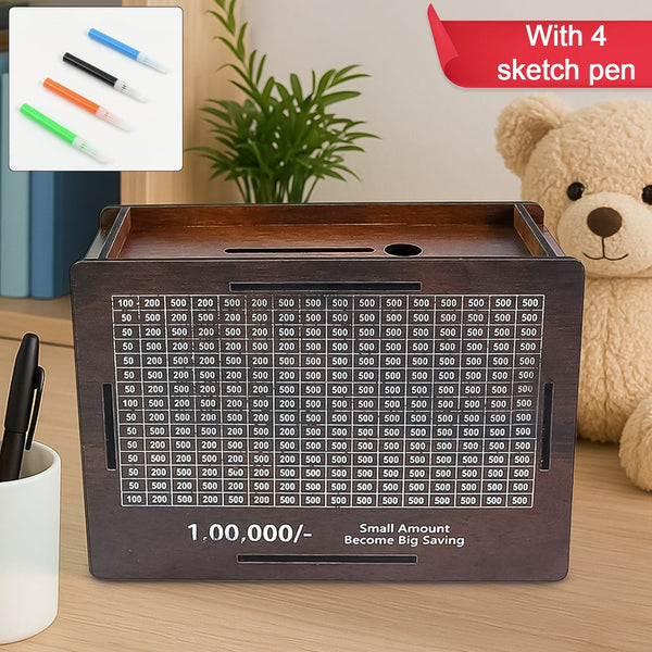 Wooden Money / Piggy Bank, Money Box (1 Pc / 4 sketch Pen)